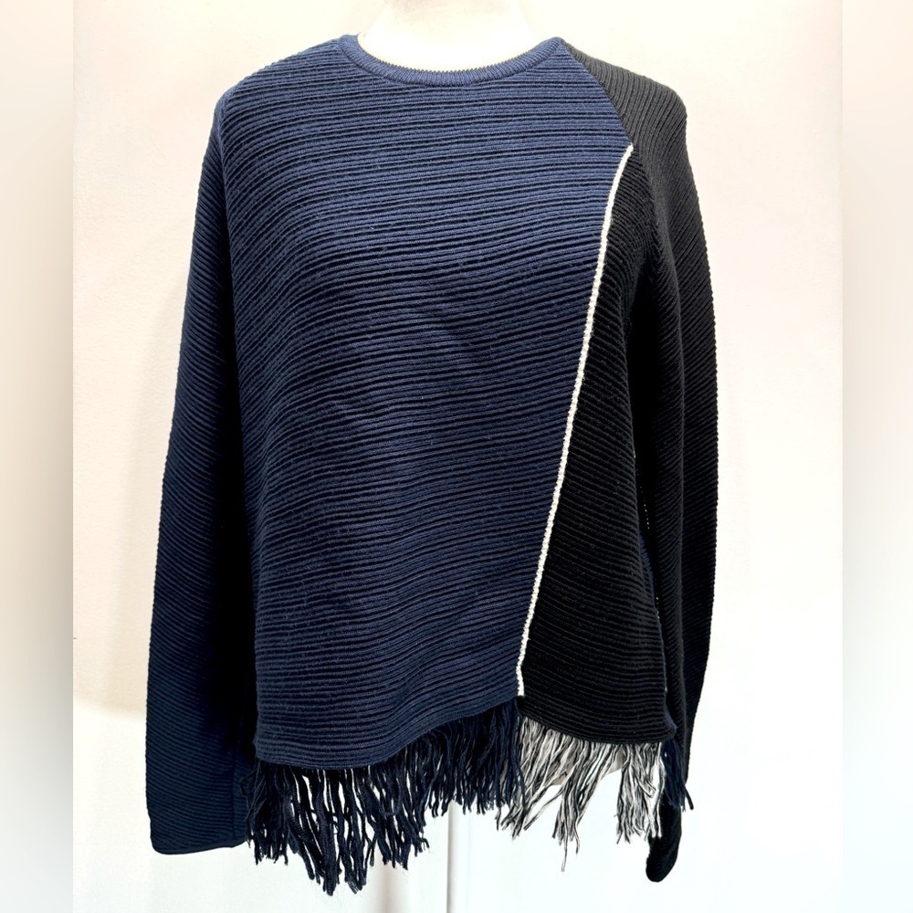 Blue & Black Colorblock Sweater 100% Wool Ribbed Fringed Jonathan Simkhai Luxury
